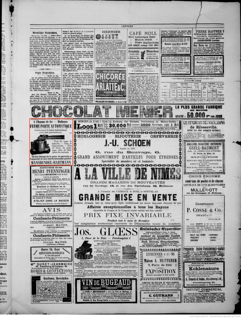 Journal L'Express de Mulhouse du 15 décembre 1897 (p.3) : ferme-porte automatique.